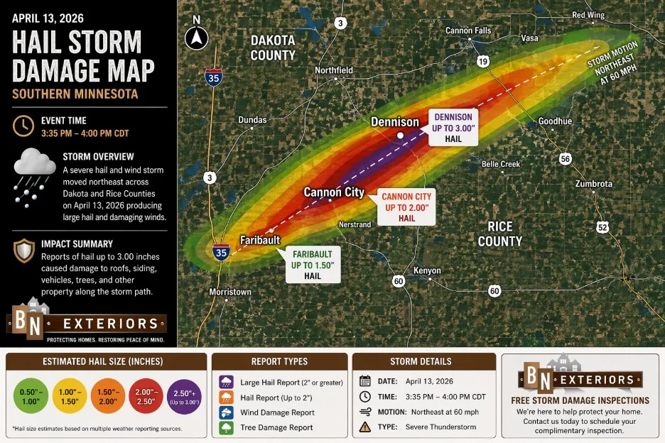 Hail storm damage map for roofing inspections in the Twin Cities South Metro